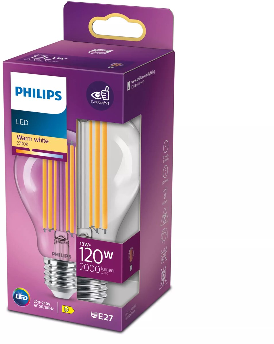 Lampe LED Philips transparente - 120 W - E27 - lumière blanc chaud