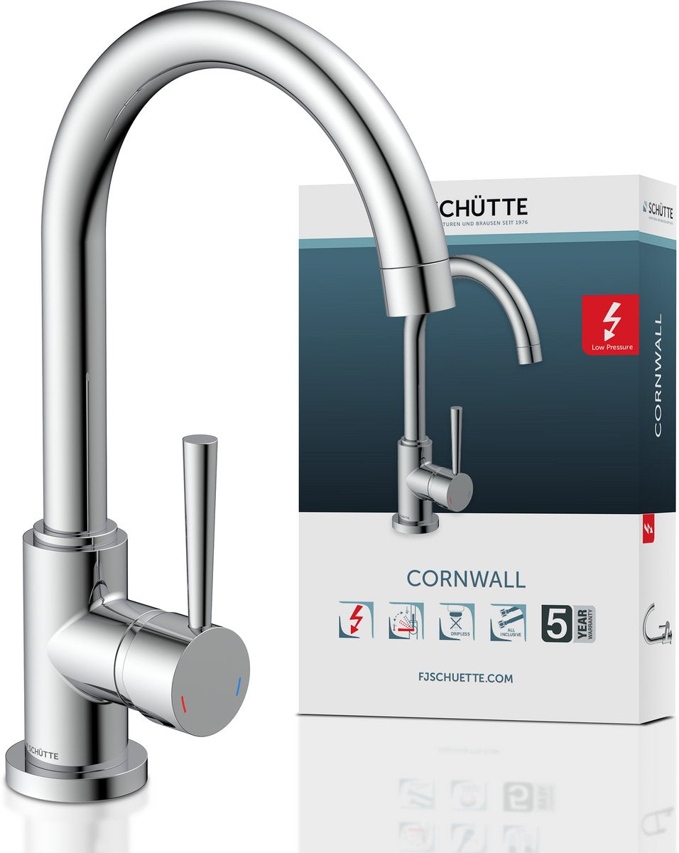 Robinet de cuisine design Schütte Cornwall pour chauffe-eau avec bec libre - basse pression - mitigeur - bec haut et pivotant - poignée latérale - chrome