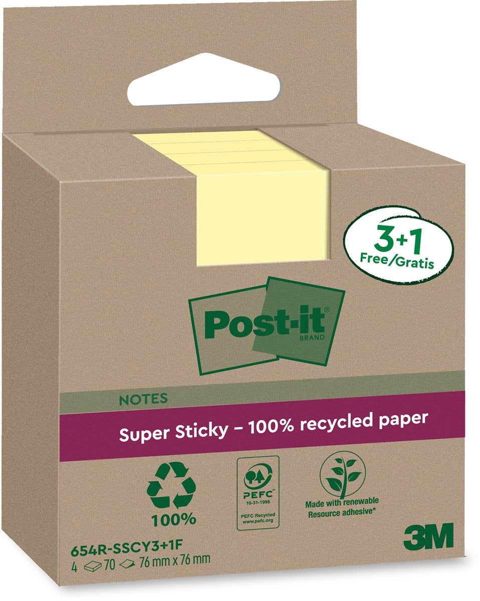 Post-it - notes super collantes recyclées | 70 feuilles | pi 76 x 76 mm | jaune | 3 + 1 gratuit
