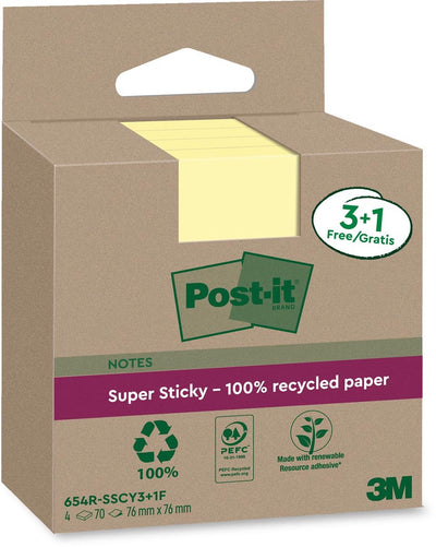 Post-it - notes super collantes recyclées | 70 feuilles | pi 76 x 76 mm | jaune | 3 + 1 gratuit