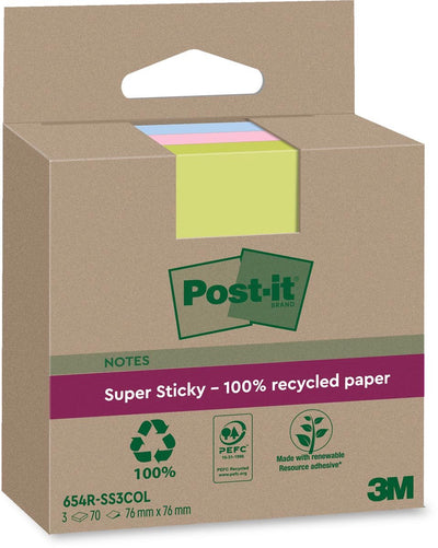 Notes super collantes Post-it recyclées | 70 feuilles | pi 76 x 76 mm | assortis | paquet de 3 blocs