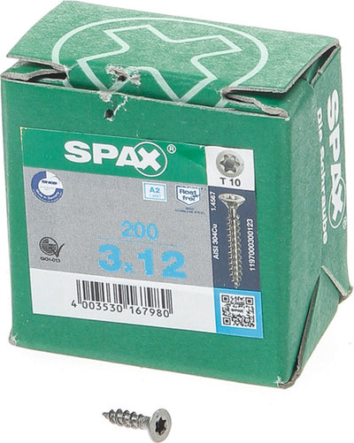 Spax - vis pour panneaux d'aggloméré - tête plate torx 10 - 3 x 12 mm - filetage complet - acier inoxydable (200 pièces)