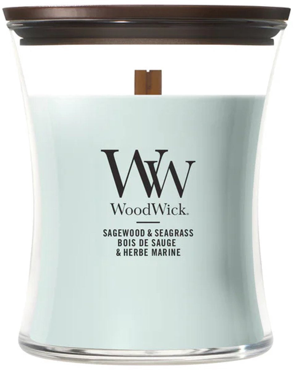 Bougie parfumée moyenne Woodwick Hourglass - jonc de sauge - 60 heures de combustion