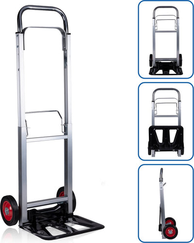 Diable pliable Kinzo - aluminium - jusqu'à 90 kilos - pliable - chariot de transport - déménagement, camping, vacances - argent noir