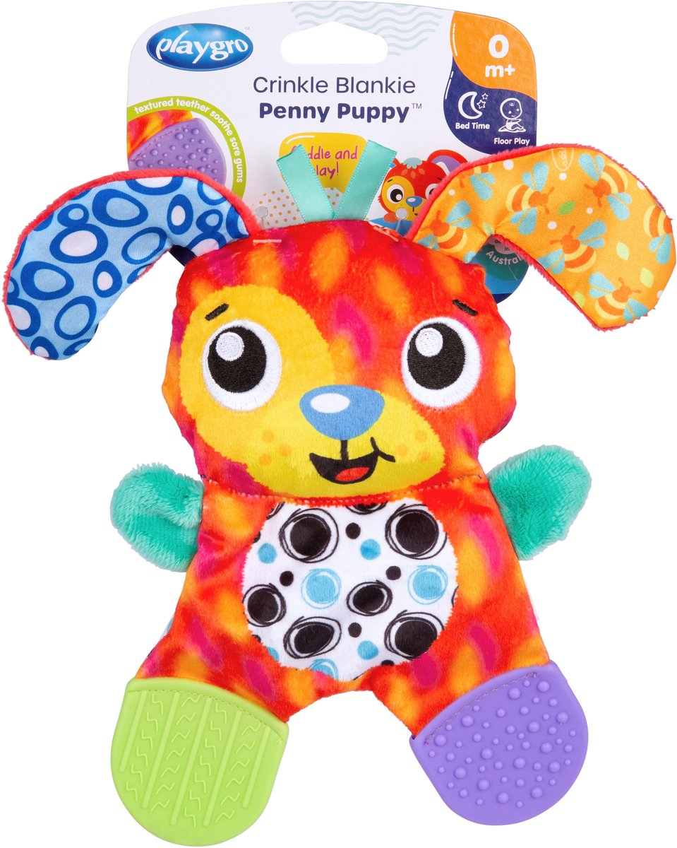 Playgro froissé doudou penny chiot hochet - jouets pour bébé - tissu câlin - jouets pour bébé - jouets éducatifs pour bébé - anneau de dentition