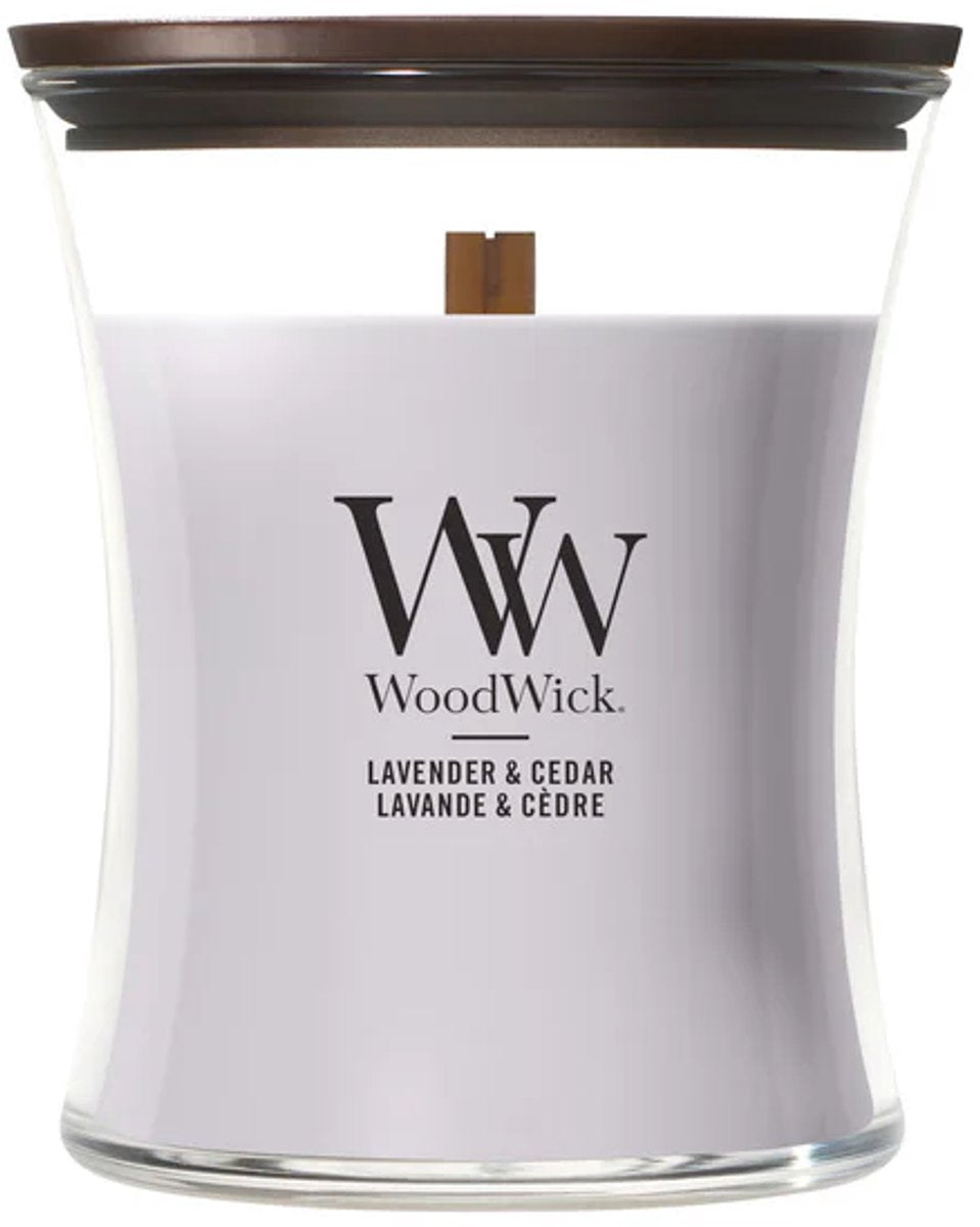 Bougie parfumée moyenne Woodwick Hourglass - Cèdre lavande - 60 heures de combustion