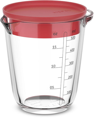 Tasse à mesurer en verre Mepal avec couvercle chef it - 500 ml - indication de taille - lave-vaisselle -. va au micro-ondes et au four - ustensiles de cuisson - corail