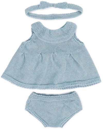 Poupées Miniland ml : ensemble de vêtements tricoté bleu pour fille 38cm, éco et recyclé, 3 pièces, robe, pantalon et ruban pour cheveux, sur cintre, 3+