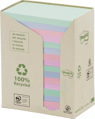 Notes Post-it ®, recyclées, tour, arc-en-ciel, 76 x 127 mm, 16 blocs, non emballés en X, bloc de 100 feuilles