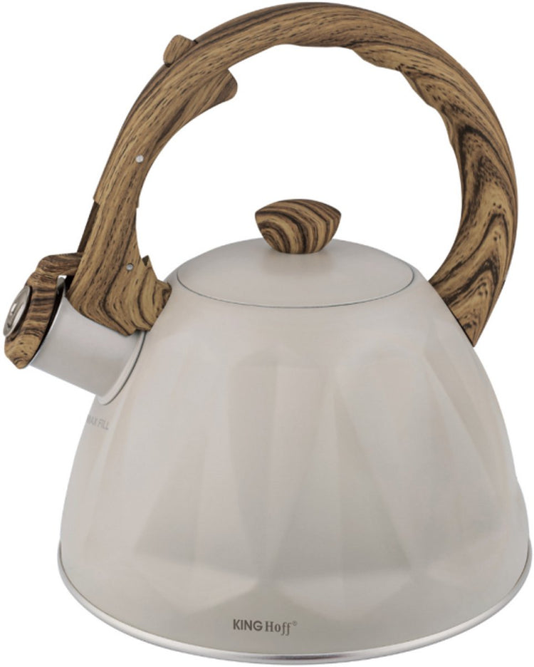 Bouilloire sifflante Kinghoff 2 litres – acier inoxydable – compatible induction – beige crème avec poignée aspect bois – structure diamant – kh-1998