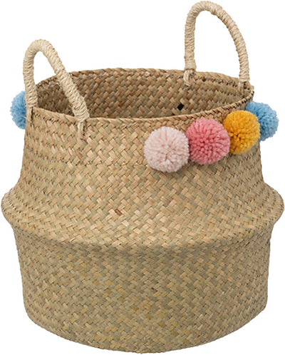 Panier de rangement jouets Atmosphera - pompons - avec anse - osier - pliable - 33 x 28 x 33 cm