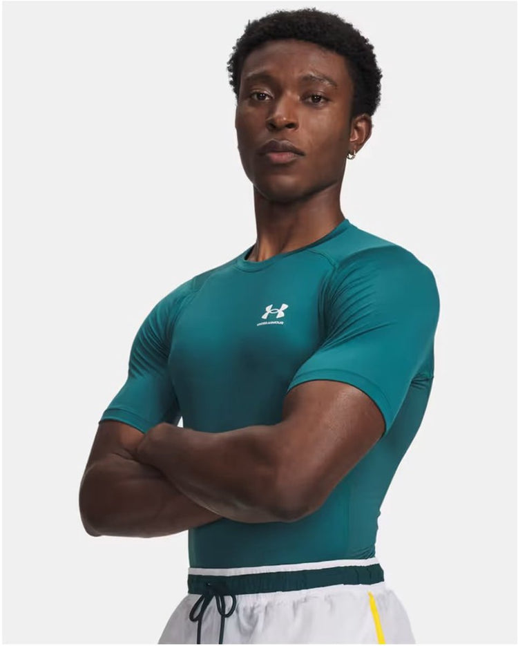 Under Armour UA HG Armour Comp SS-GRN Chemise de sport pour hommes - Rack Green - Blanc