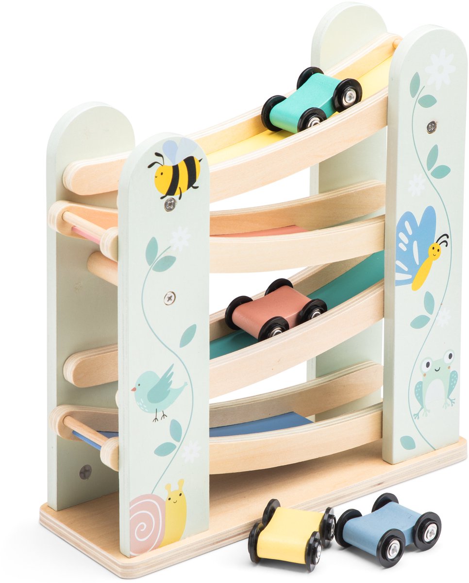 Piste de voitures en bois Woet ® – Piste de yodel avec 4 voitures – Jouets éducatifs certifiés FSC – Piste à roulettes en bois – Jouets pour tout-petits à partir de 18 mois