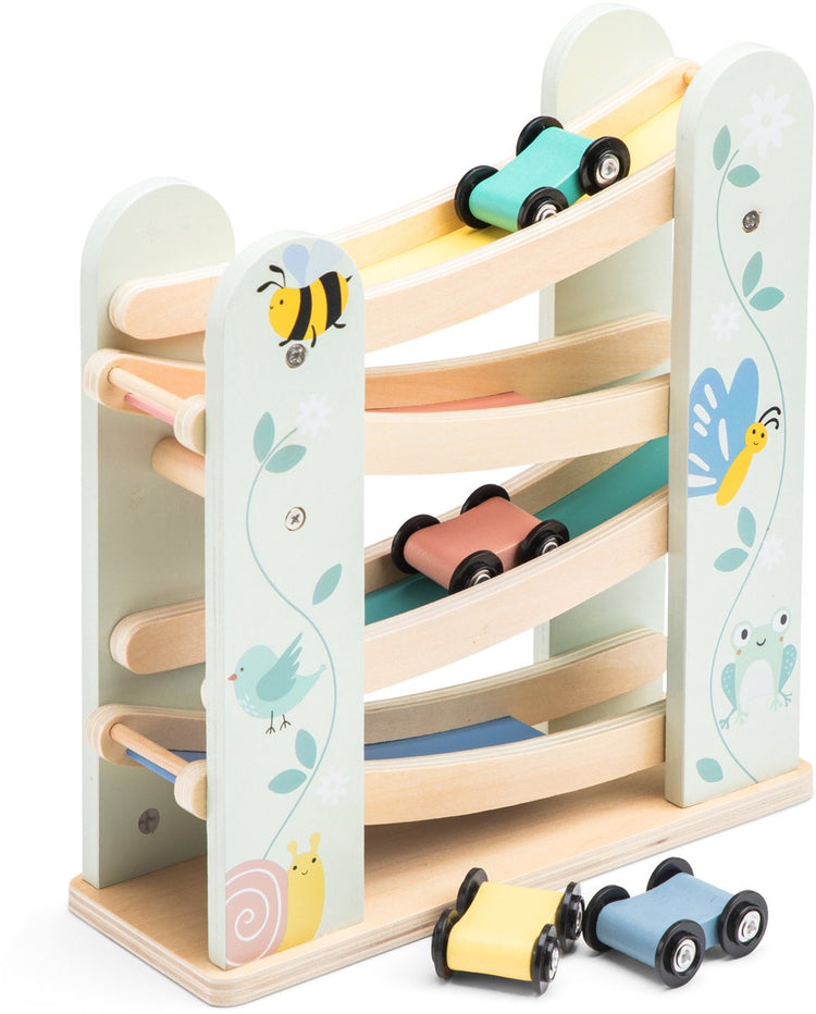 Piste de voitures en bois Woet ® – Piste de yodel avec 4 voitures – Jouets éducatifs certifiés FSC – Piste à roulettes en bois – Jouets pour tout-petits à partir de 18 mois