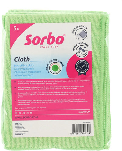 Chiffons microfibres professionnels Sorbo - vert - 30x40 cm - nettoyage sans traces et sans graisse - chiffons de nettoyage durables - lot de 5