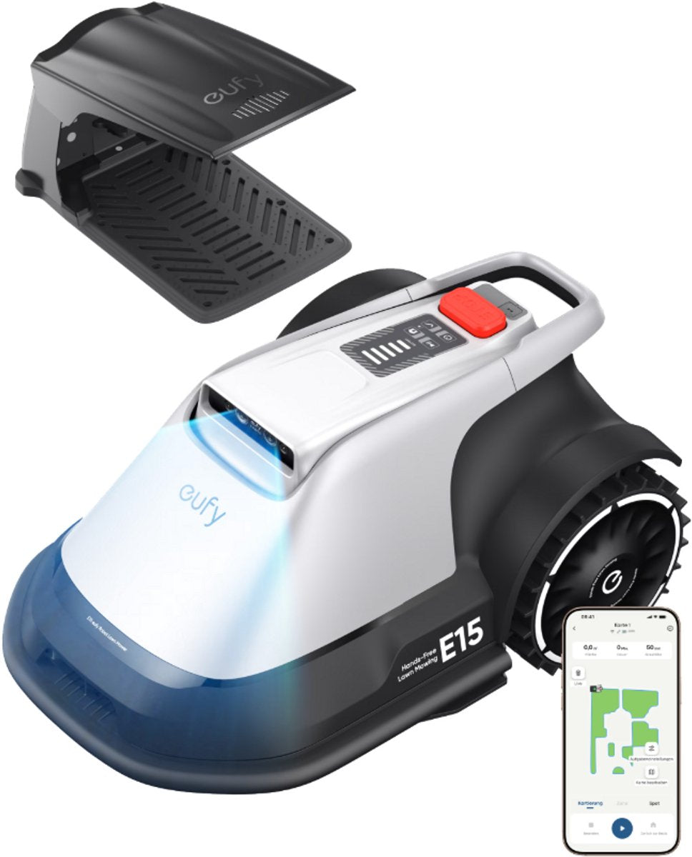 Robot tondeuse Eufy e15 - sans fil - sans RTK - aucun problème de signal - configuration en 5 minutes - cartographie automatique jusqu'à 800 m2 - évitement d'obstacles - bord autoporté - contrôle via application - avec housse de pluie