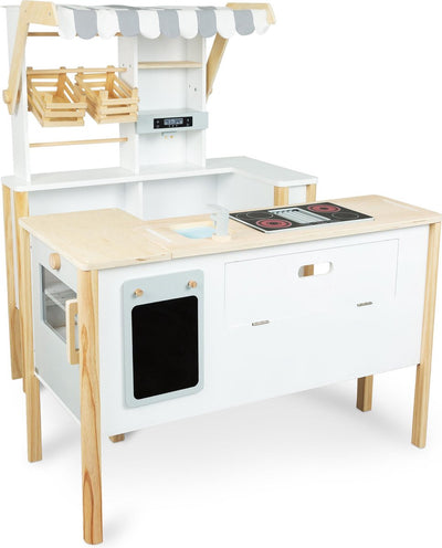 Petit magasin en bois blanc avec caisse enregistreuse et tapis roulant