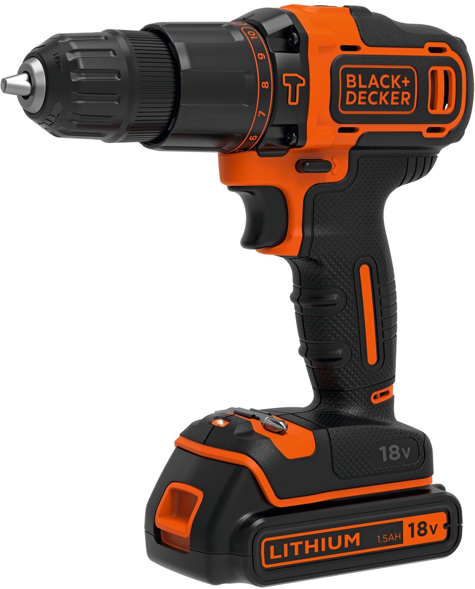 Tournevis à batterie lithium-ion Black+decker 18 V avec 2 batteries 1,5 Ah, 2 vitesses variables, étui - bdchd18kb-qw
