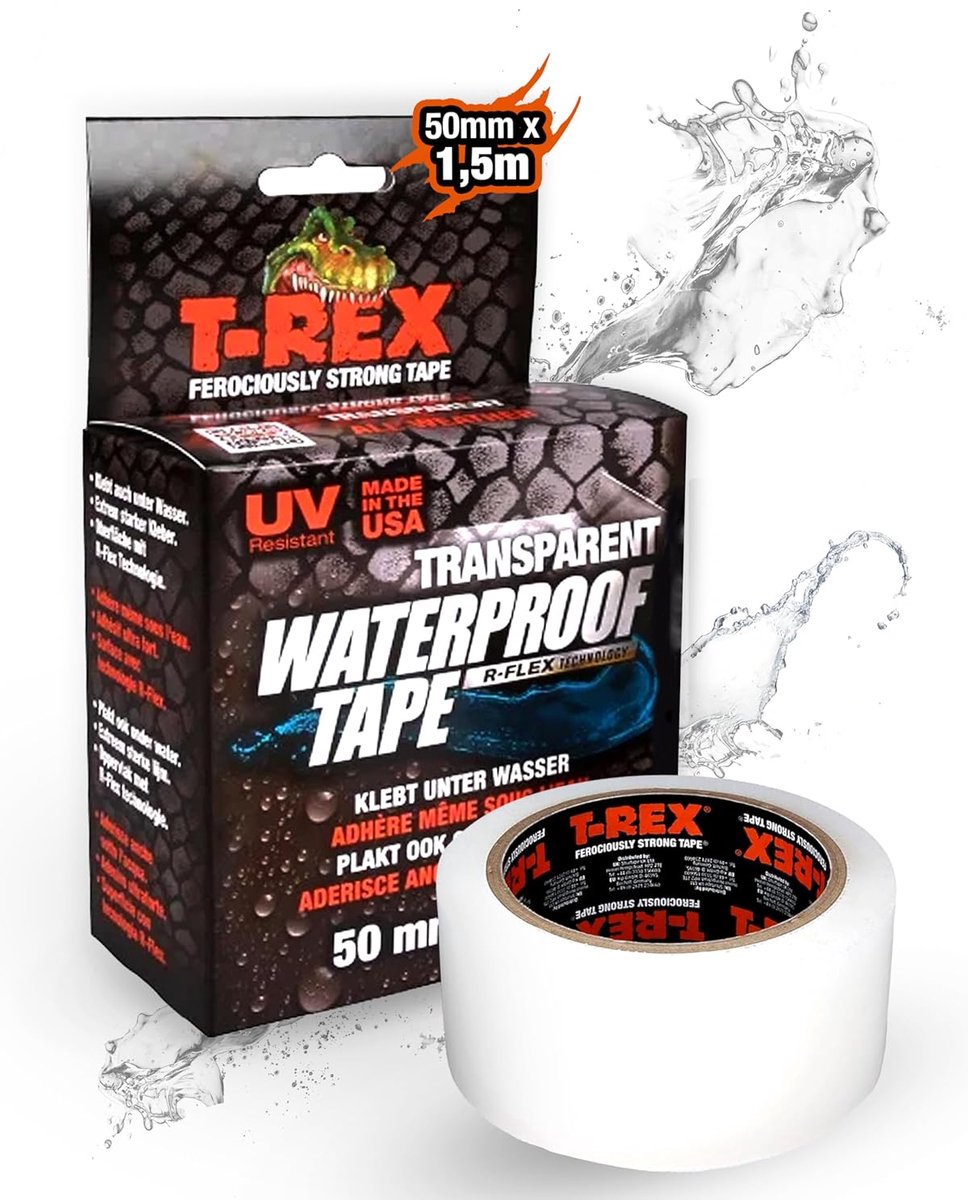 Kip t-rex - Ruban adhésif transparent imperméable 50 mm x 1,5 m - Ruban de réparation autocollant pour piscines, usage extérieur, fissures et fuites - Réparation sous l'eau de piscines - Résistant aux UV et à la chaleur - Flexible et extrêmement résistant