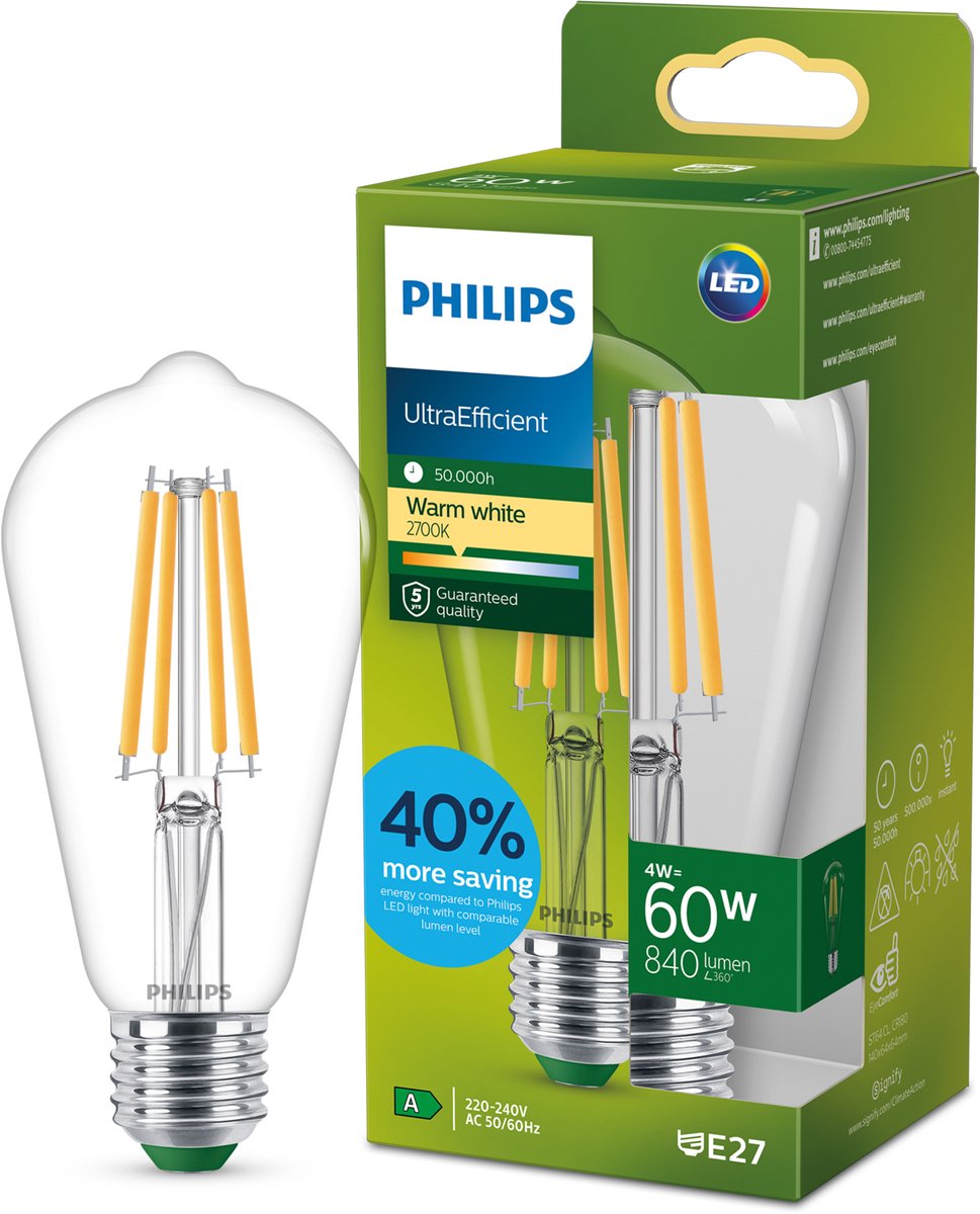 Philips LED Lampe LED Philips ultra efficace Edison transparente - 60 W - E27 - lumière blanc chaud
