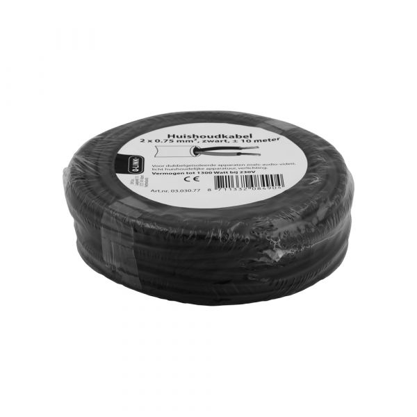 Cordon du ménage 2x0,75 Noir 10 mètres.