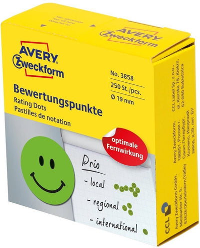 Avery autocollant de récompense smiley - ø19 - vert - visage heureux - 250
