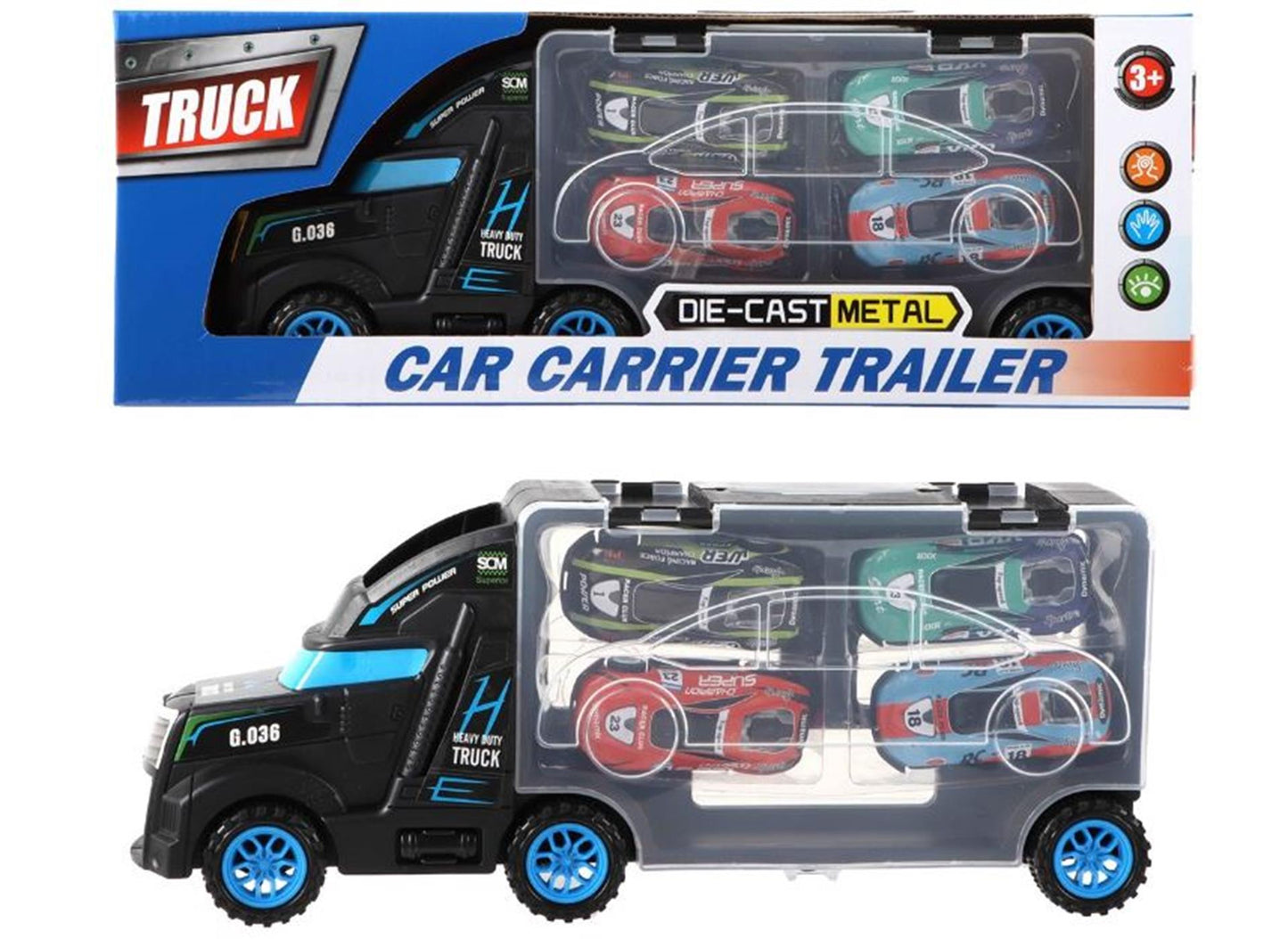 Camion 28cm avec 4 voitures 33x12x7cm