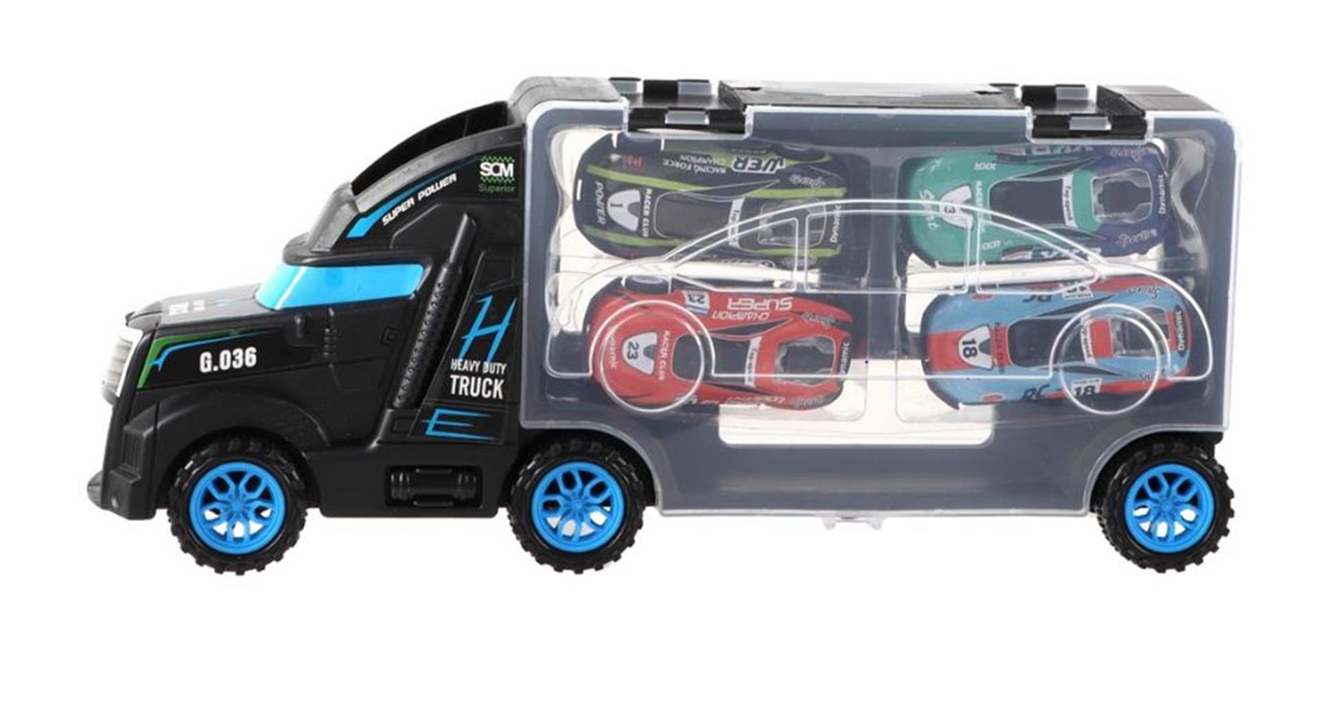 Camion 28cm avec 4 voitures 33x12x7cm