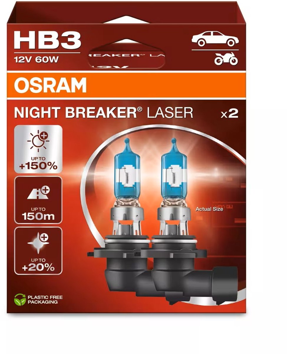 Osram Night Breaker Laser - Lampes de voiture halogènes 9005 hb3 - jusqu'à 150 % de lumière en plus et visibilité à 150 m - 9005nl-2hb - lot de 2 lampes