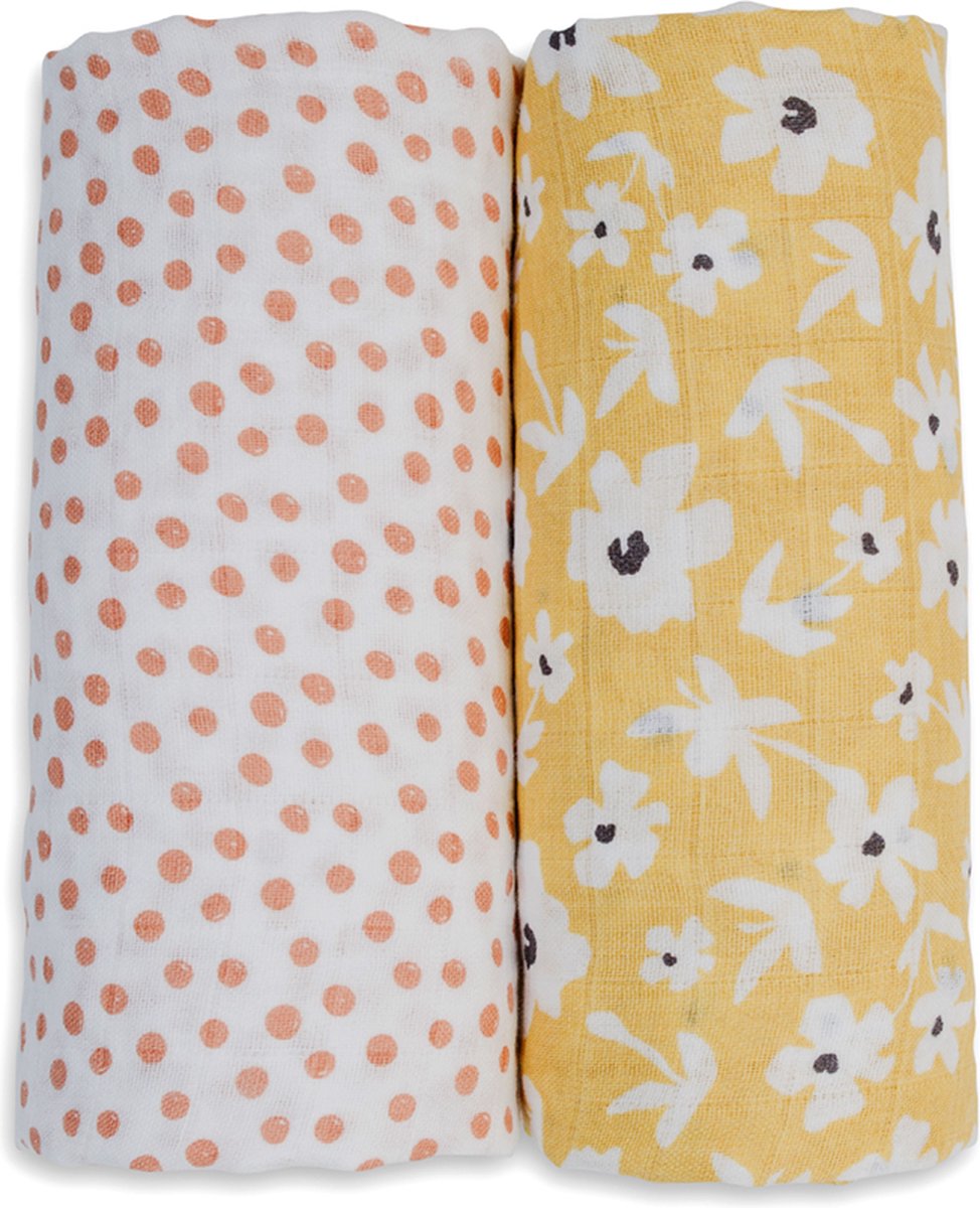 Lulujo - tissu hydrophile - emmaillotage - coton - 100x100 cm - paquet de 2 - pois fleurs sauvages jaunes