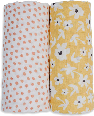 Lulujo - tissu hydrophile - emmaillotage - coton - 100x100 cm - paquet de 2 - pois fleurs sauvages jaunes