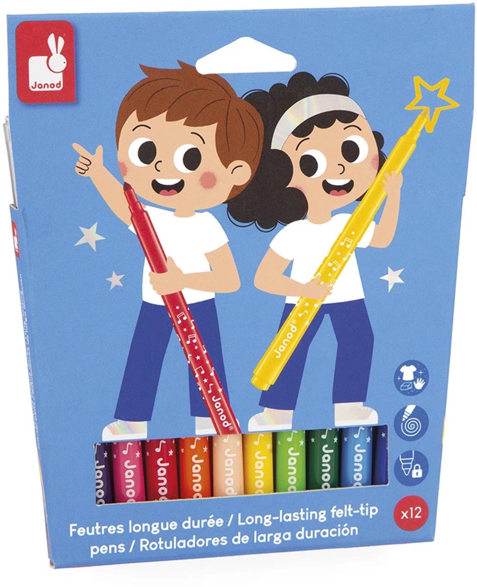 Janod - colo - feutres longue durée - set de 12 couleurs différentes