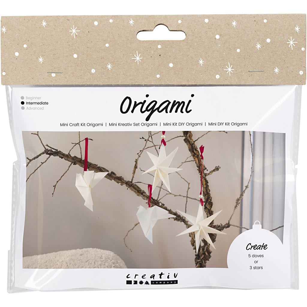 Creativ company mini hobby set origami, pigeon étoiles, rouge foncé, blanc cassé, 1 boîte