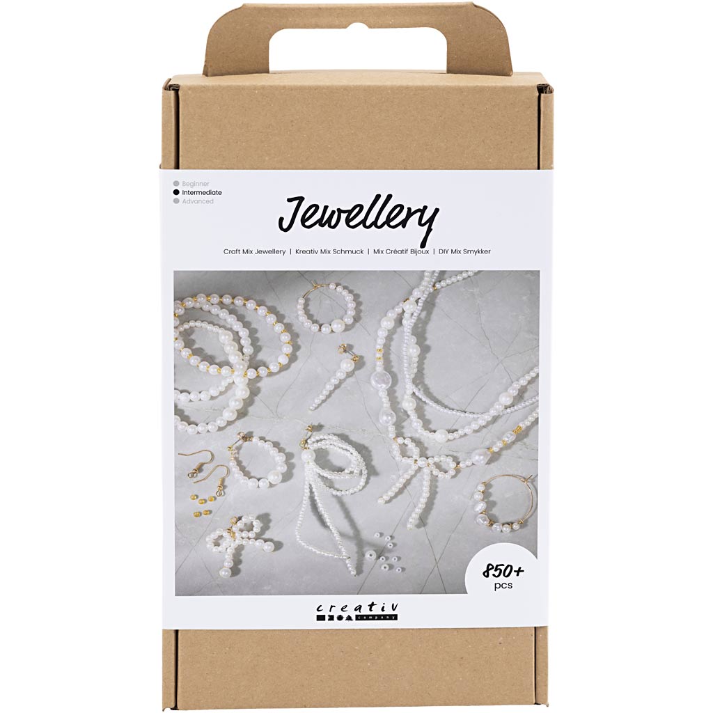 Creativ company coffret créatif bijoux, colliers, bracelets, boucles d'oreilles, plaqué or, nacre blanche, 1 boîte