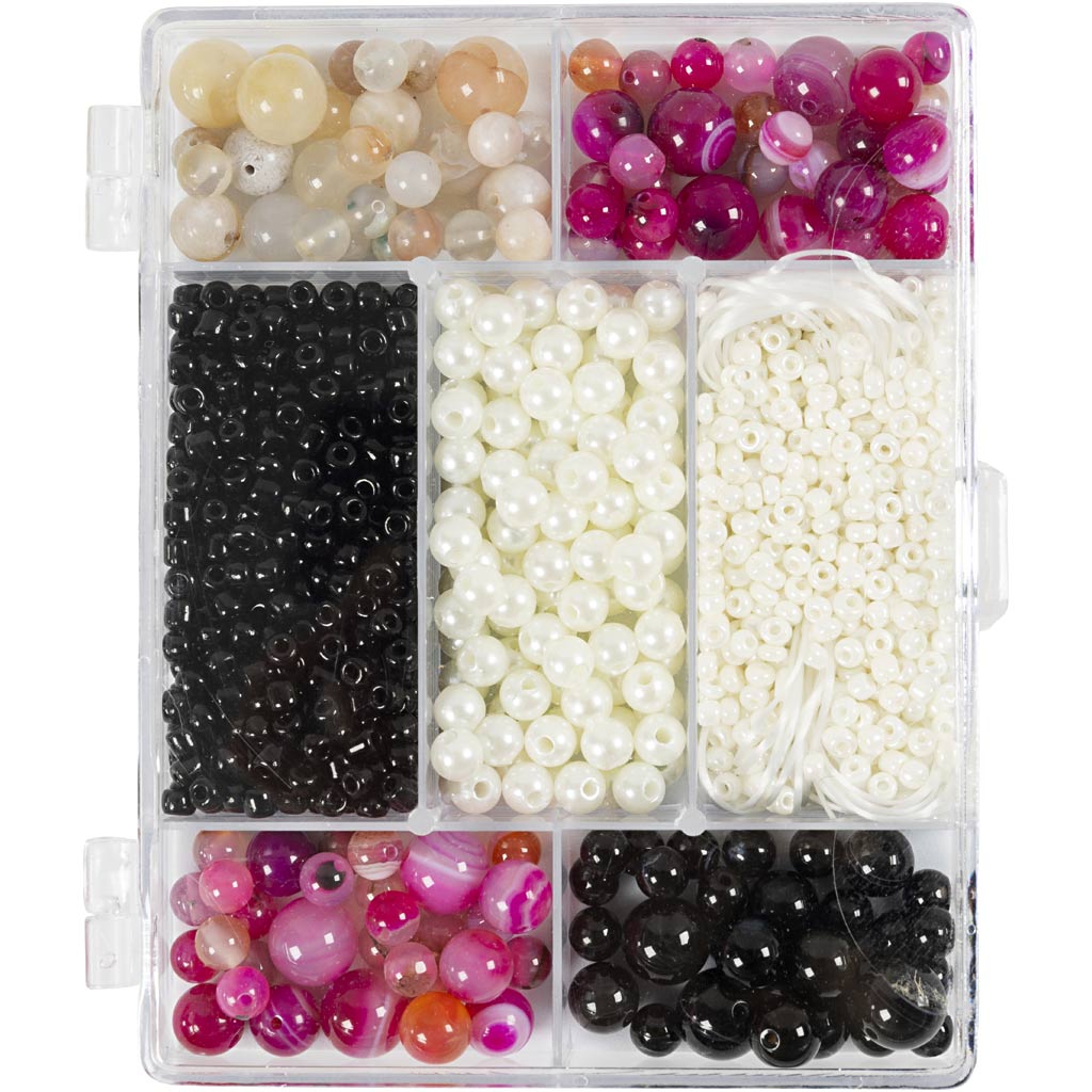 Creativ company Boîte créative à bijoux, agates, taille 2,6-10 mm, taille du trou 0,8-1,8 mm, env. 2740 pièces, nacre beige, noire, rose, blanche, 1 boîte