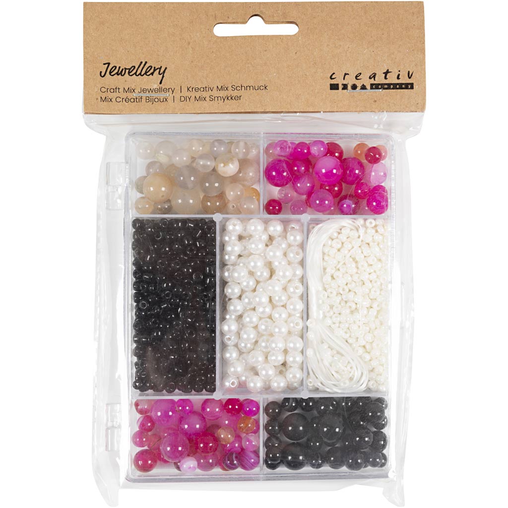 Creativ company Boîte créative à bijoux, agates, taille 2,6-10 mm, taille du trou 0,8-1,8 mm, env. 2740 pièces, nacre beige, noire, rose, blanche, 1 boîte