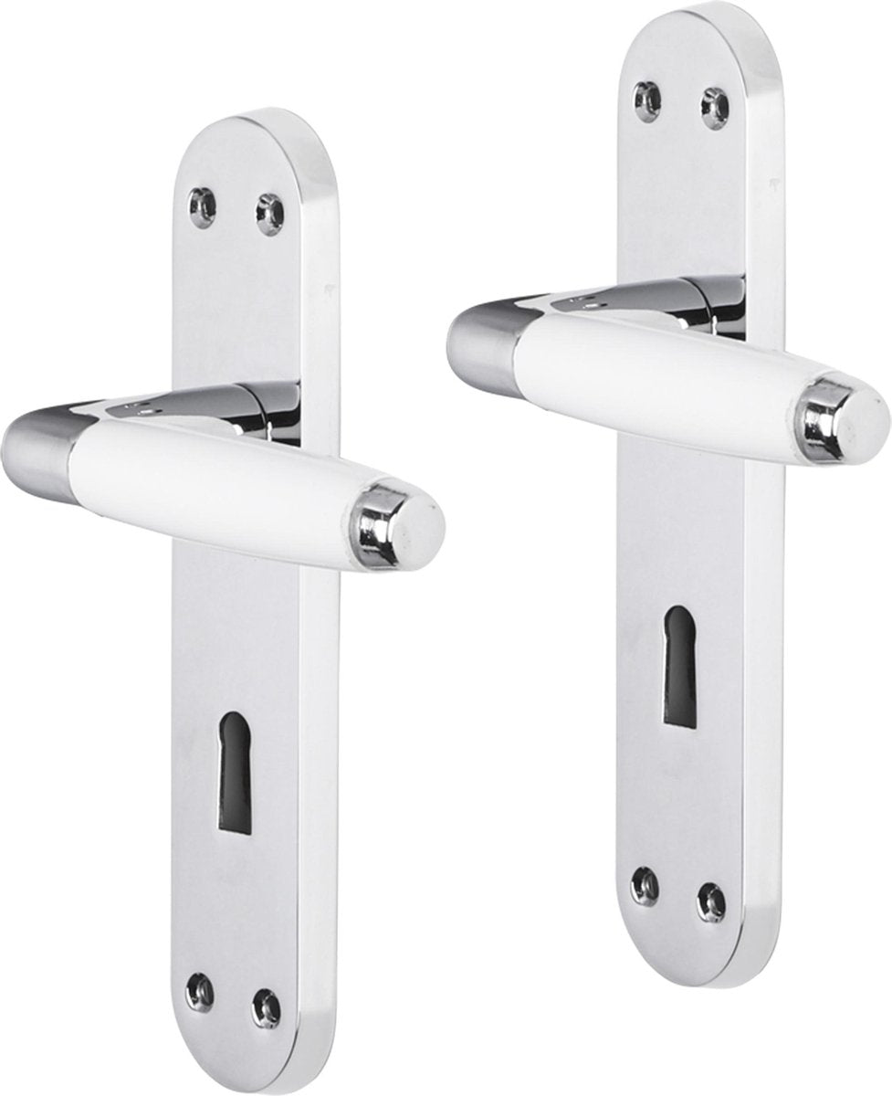 Poignée de porte Impresso - durban - pour l'intérieur - bouclier de porte ovale avec vis et trou de serrure - chrome - blanc - 2 pièces