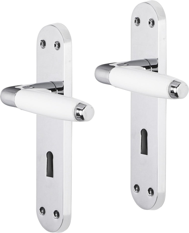 Poignée de porte Impresso - durban - pour l'intérieur - bouclier de porte ovale avec vis et trou de serrure - chrome - blanc - 2 pièces
