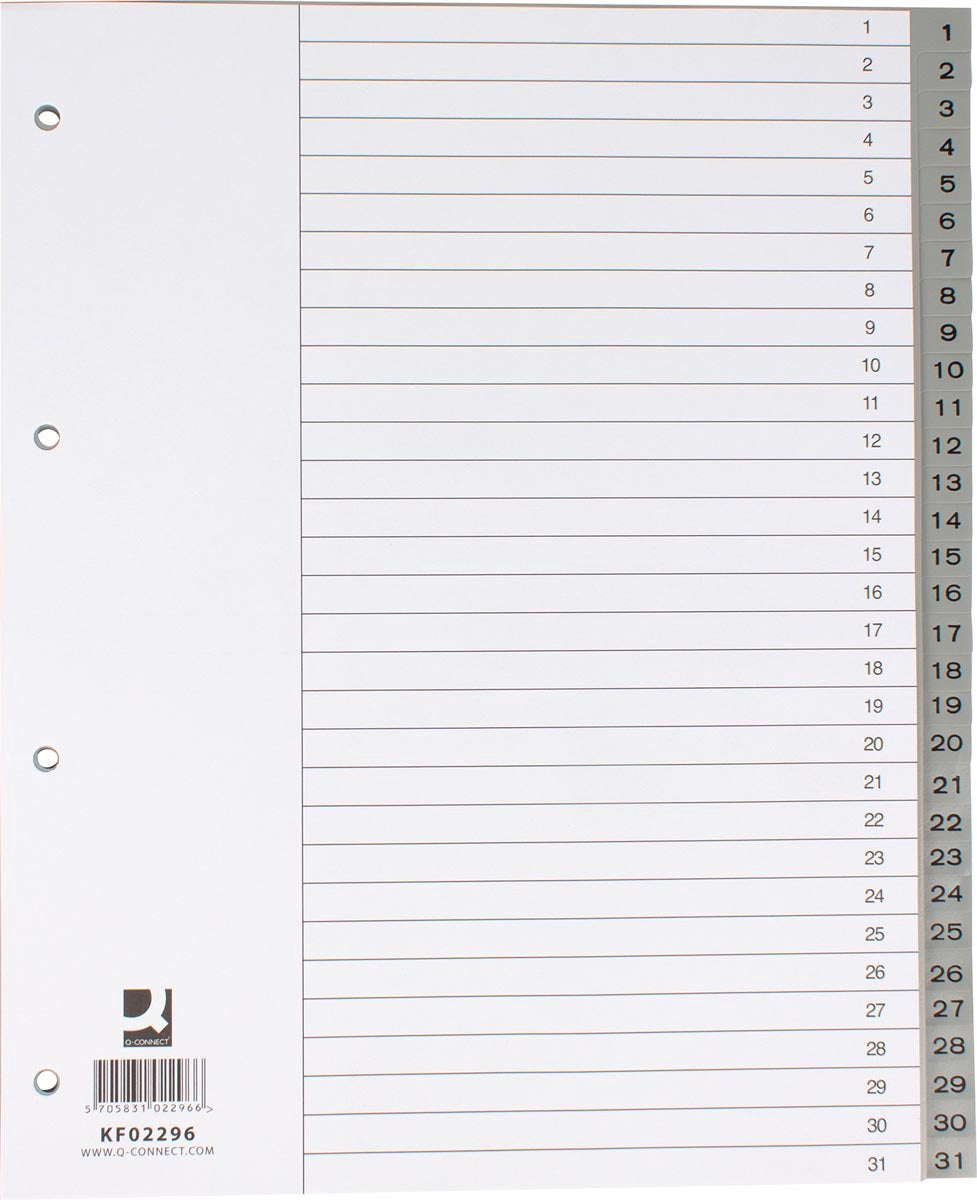 Onglets numériques Q-connect, a4, pp, 1-31, avec feuille d'index, gris