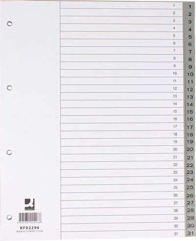 Onglets numériques Q-connect, a4, pp, 1-31, avec feuille d'index, gris