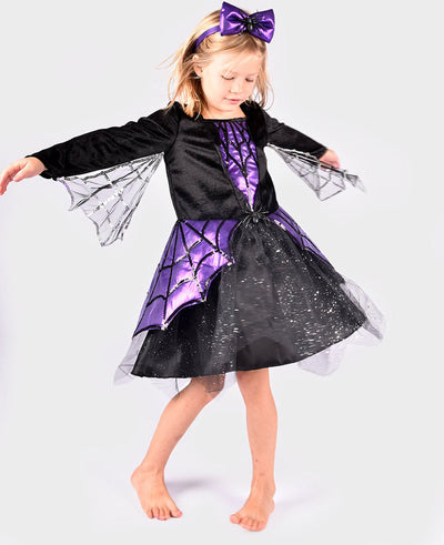 Den goda fen déguisement araignée - robe et bandeau - 110-116cm - 4-6 ans - noir violet