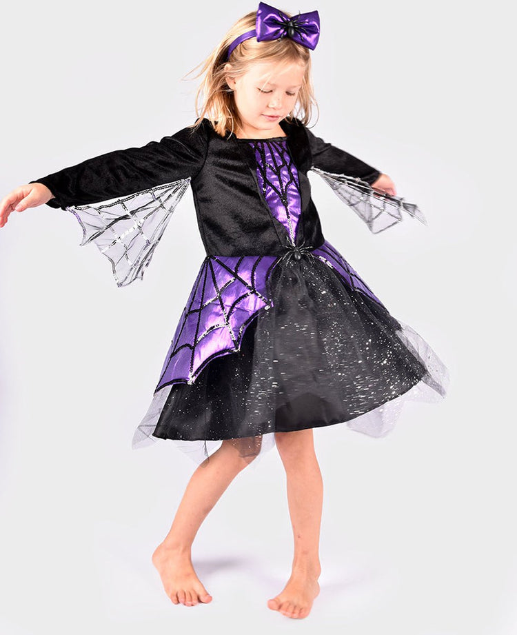 Den goda fen déguisement araignée - robe et bandeau - 110-116cm - 4-6 ans - noir violet