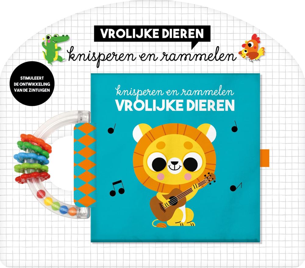 Livres d'images livre crépitant + hochet animaux heureux