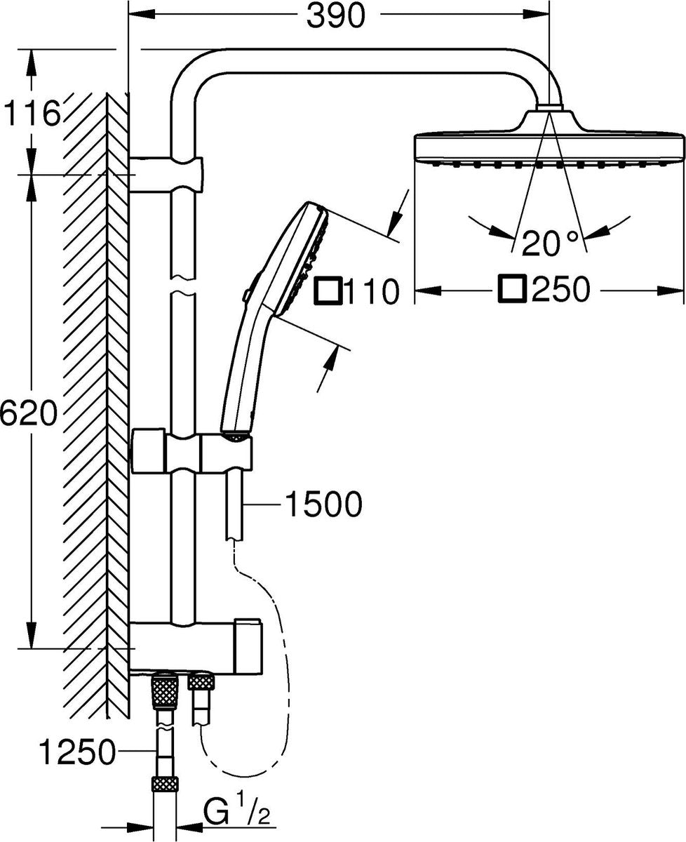 Système de douche Grohe vitalio confort 250 flex avec inverseur pour montage mural - sans mitigeur thermostatique - économie d'eau - noir mat