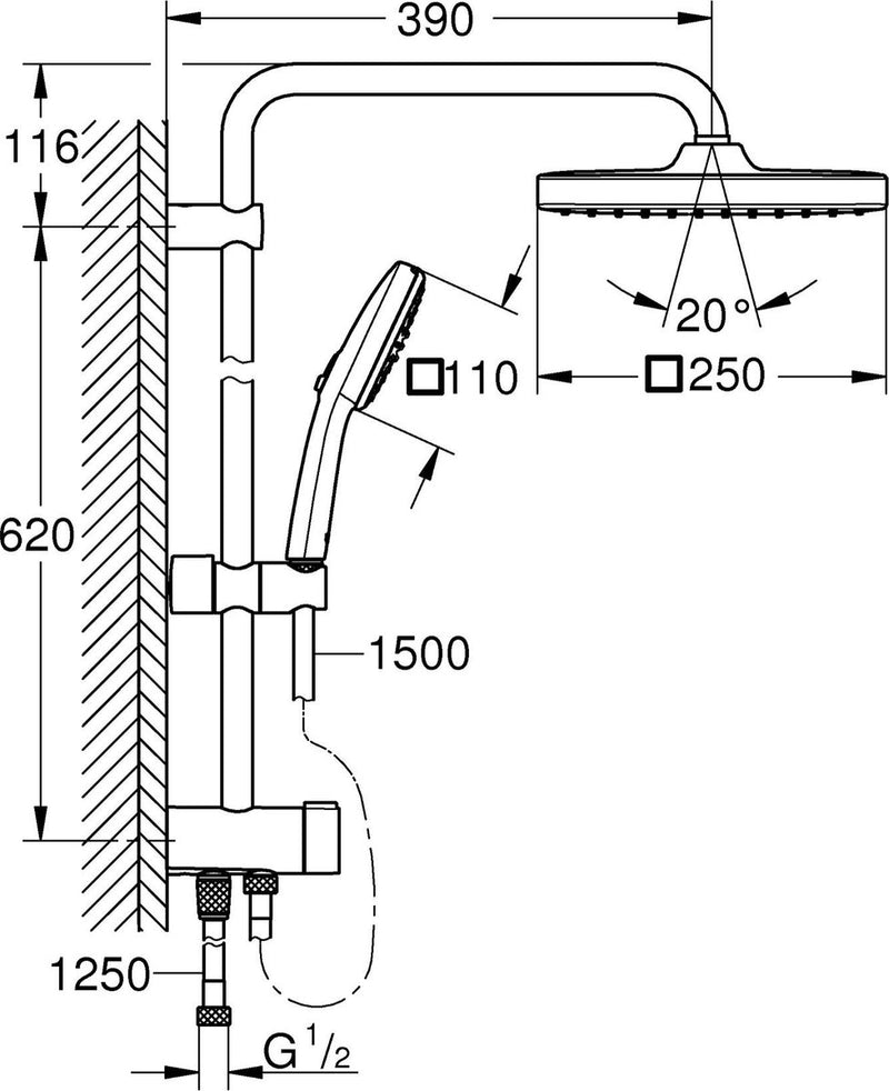 Système de douche Grohe vitalio confort 250 flex avec inverseur pour montage mural - sans mitigeur thermostatique - économie d'eau - noir mat