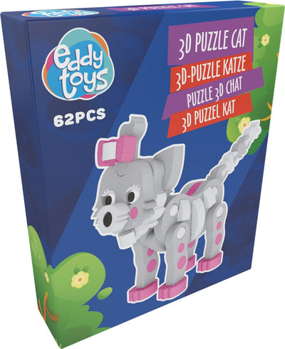 Eddy Toys Puzzle 3D Chat - Jeu de Construction 62 Pièces - Puzzle Figurine Chat 3D - Modèle à Assembler - Gris avec Détails Roses - à partir de 3 Ans