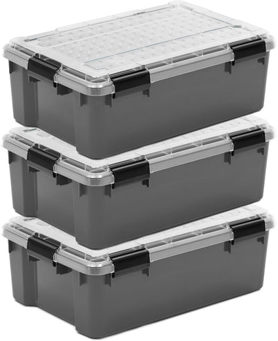 Boîte de rangement extérieur Iris avec couvercle en polycarbonate - 30l - extra solide - avec clips - étanche et hermétique - gris transparent noir - lot de 3