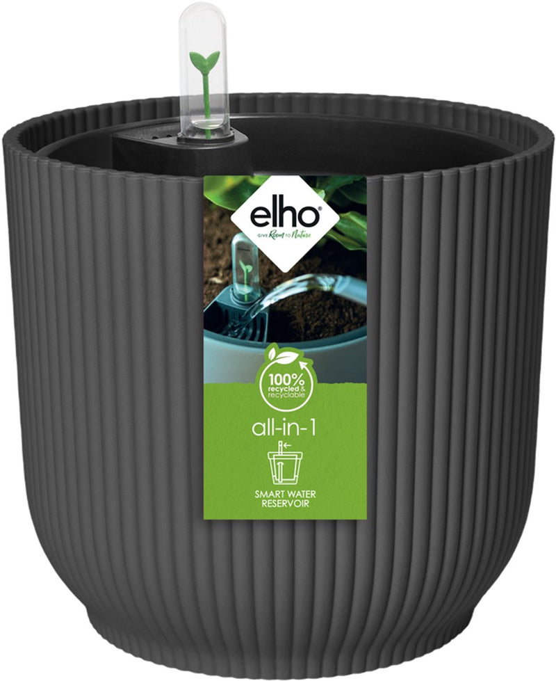 Elho all-in-1 vibes round 18 + swi 17 - pot de fleur avec compteur d'eau - 100% plastique recyclé - ø 18 cm - anthracite