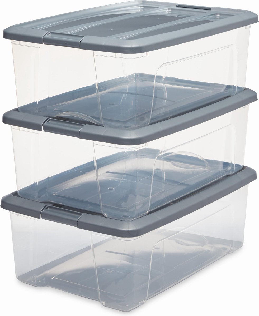 Boîte de rangement Iris new topbox - 30l - plastique - gris argenté transparent - lot de 3