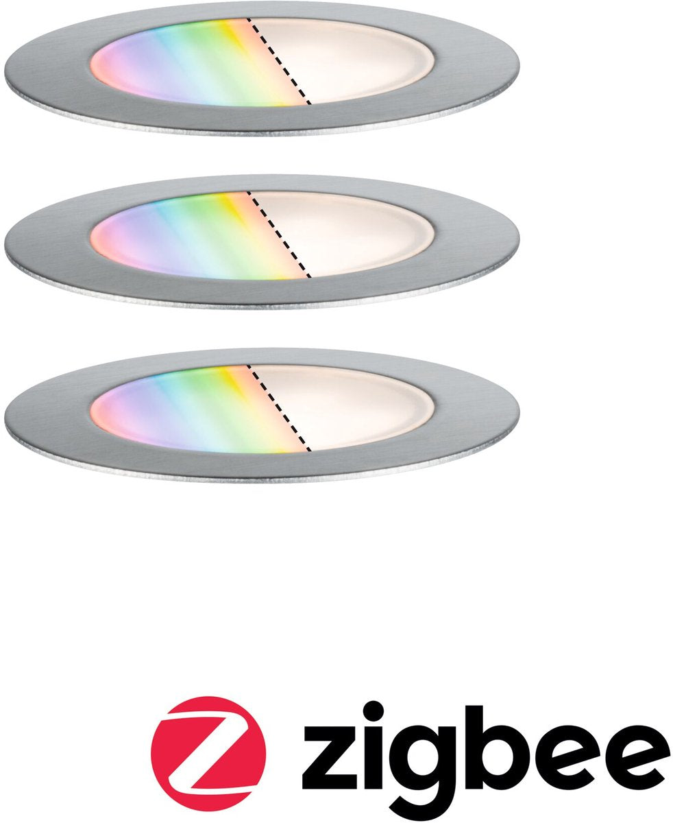 Paulmann Plug Shine LED Encastrable au Sol Smart Home Zigbee 3.0 Sol RGBW Lot de 3 IP67 RGBW+ 3x2W 21VA Acier Inox